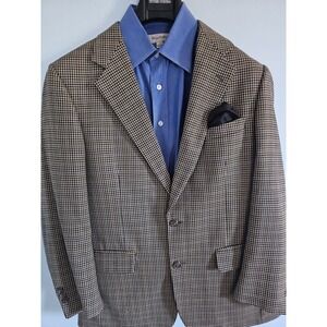 Brooks Brothers Blazer Jacket Wool Houndstooth Tan‎ Blue
